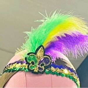 Colorful Mardi Gras Feathered Headband with Fleur-de-Lis